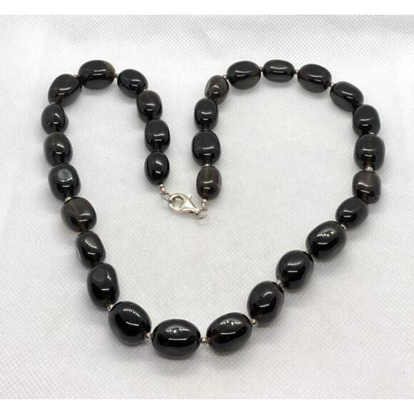 Brown Polished Smoky Quartz Beaded 24'' Necklace Sterling 925 Silver Clasp 130g - Picture 4 of 8